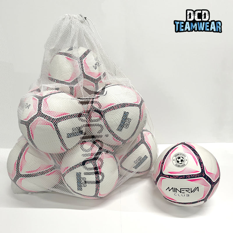 Set of 10 CUSTOM Minerva Club Footballs (Size 5) + Precision Mesh Bag - Printed with YOUR TEAM BADGE