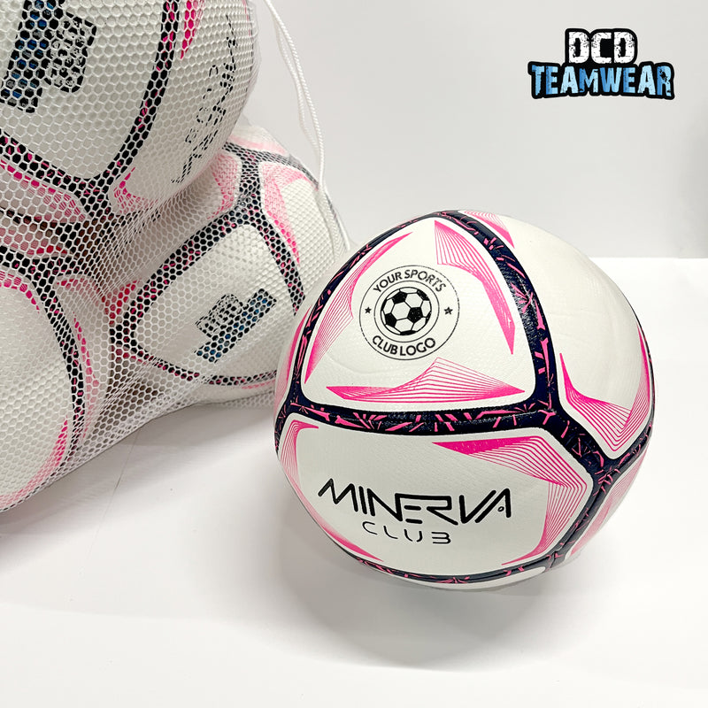 Set of 10 CUSTOM Minerva Club Footballs (Size 5) + Precision Mesh Bag - Printed with YOUR TEAM BADGE